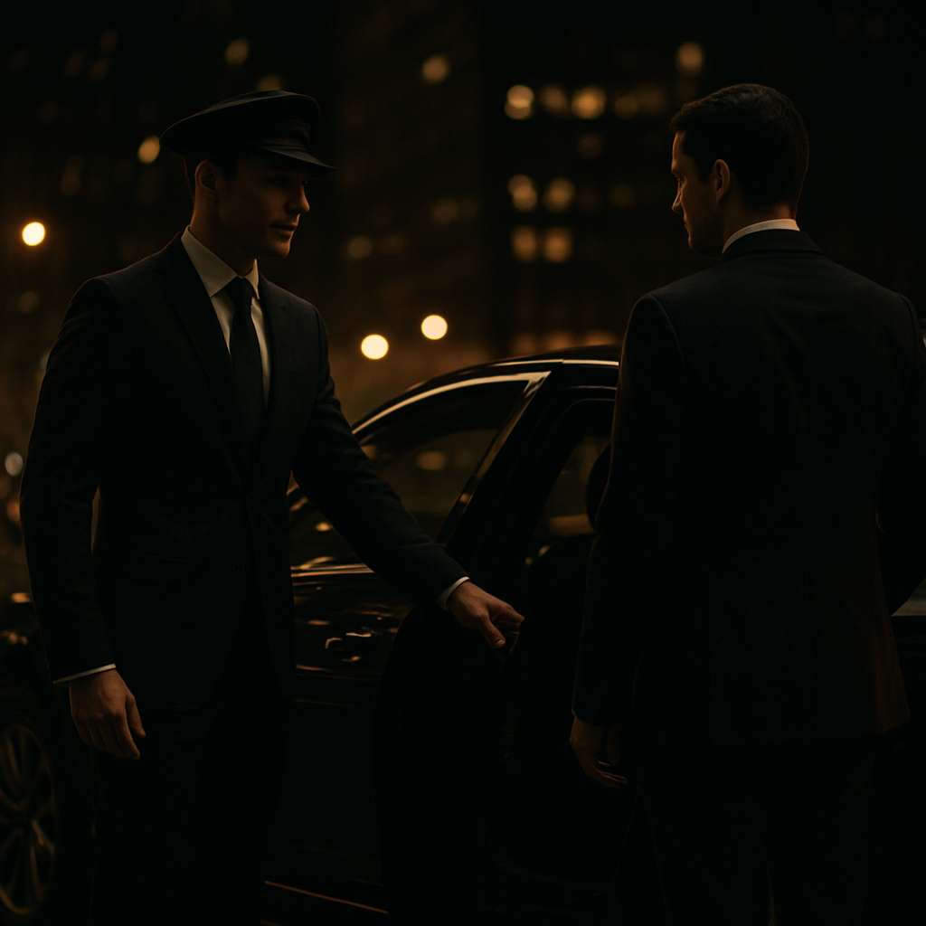 Chauffeur opening the door of a black luxury sedan for an executive
