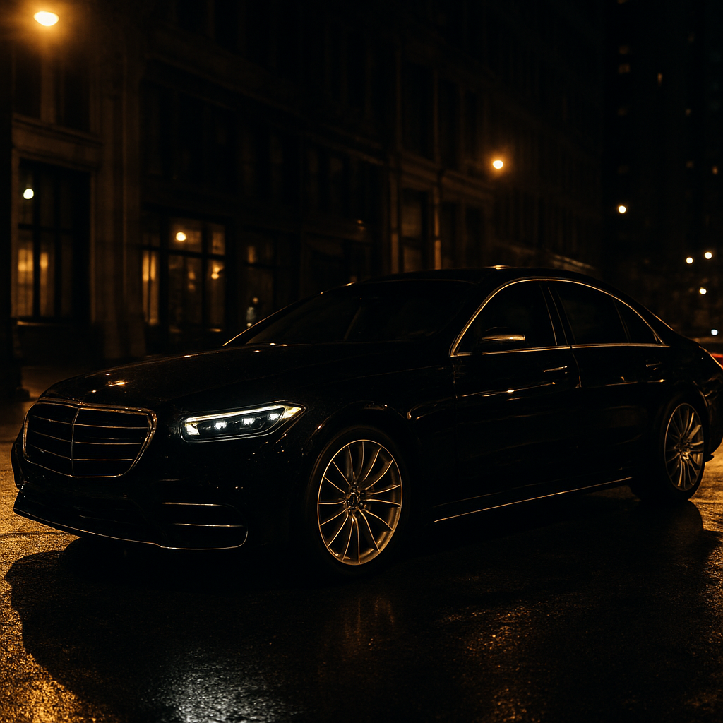 Black luxury sedan on a Manhattan street at night